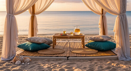 Romantic beach setup with a canopy, pillows, and a table for two at sunset, offering a serene tropical escape