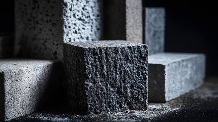 Close-up of various textured concrete blocks arranged in a dark setting, showcasing rough surfaces and construction materials.