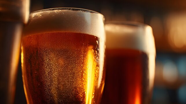 Close-up of two refreshing glasses of amber beer with frothy heads, illuminated by warm light.