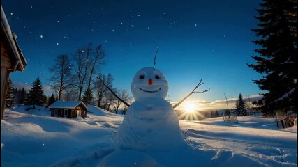 Happy snowman standing in a snowy winter landscape with a cozy wooden cabin. Beautiful sunset sunburst and falling snow create a magical Christmas holiday atmosphere. - Powered by Adobe