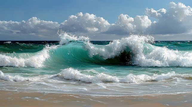 A beautiful ocean wave is crashing on a sandy beach under a partly cloudy sky. The water is a vibrant turquoise color. - Powered by Adobe