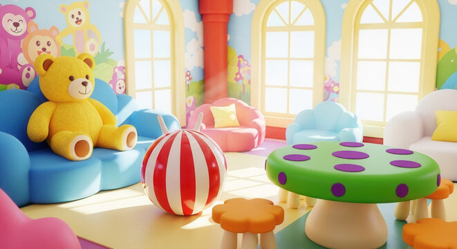 Adorable playroom scene with colorful furniture and a teddy bear, perfect for kids' content, educational materials, or heartwarming family stories