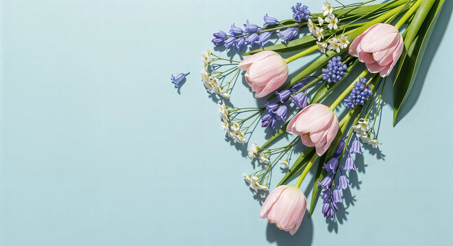 Beautiful spring bouquet featuring delicate pink tulips and vibrant purple muscari flowers on a light blue background