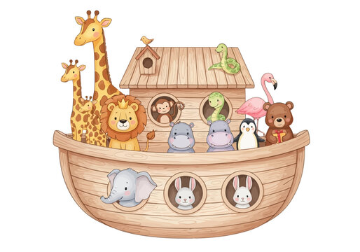 Cute watercolor illustration of noahs ark filled with adorable cartoon animal pairs