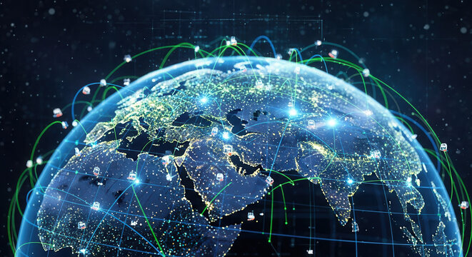 Global network connections illuminate the world, showcasing international business, technology innovation, and worldwide communication across continents