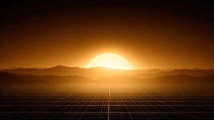A vast, flat expanse of solar panels under a setting sun, with mountains in the distance.