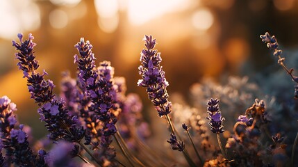 Close-up of vibrant lavender flowers blooming in a field at sunset, with a soft golden glow in the background.