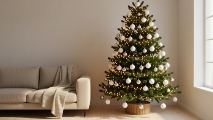 Christmas tree with white ornaments and lights in living room