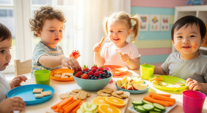 Delightful toddlers enjoy healthy snacks at a bright table, promoting wellness and joyful eating habits, perfect for family, health, and nutrition content.