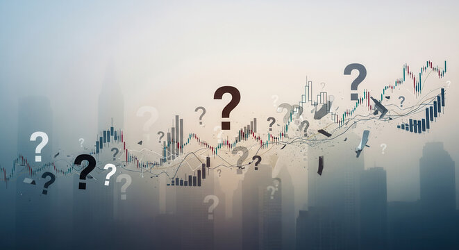 Navigating financial uncertainty with stock market charts and question marks, a powerful symbol for investment decisions and economic forecasting in times of change