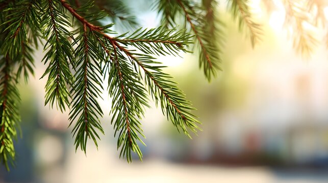 Close-up of vibrant green pine tree branches with soft sunlight filtering through, creating a serene natural background. - Powered by Adobe