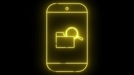 Yellow neon outline of a smartphone displaying a folder icon overlaid with a magnifying glass against a black background