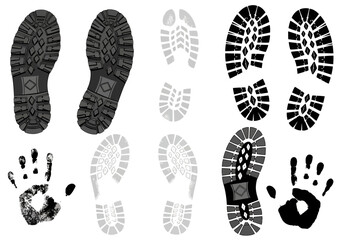 Collection of various black and white boot sole prints and handprint traces