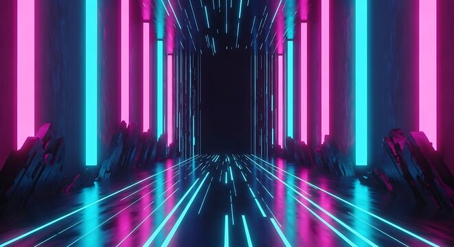 Abstract futuristic tunnel with glowing neon light pillars in vibrant cyan and magenta colors creating a sense of speed and depth in a dark environment