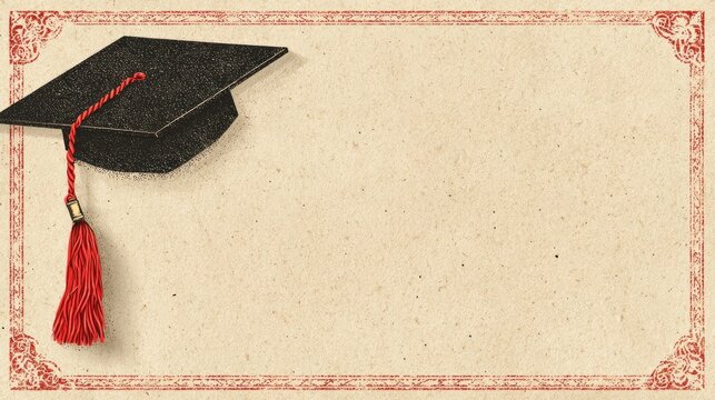 A graduation cap with a red tassel on a beige background with a red and white border.