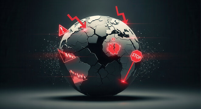 Global financial crisis illustration with shattered globe, warning signs and downward arrows showing economic downturn and recession risks for business, savings