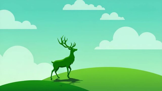 Green deer walking on grassy hill under light blue sky  