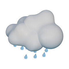 A 3D illustration of a soft white cloud with bright blue raindrops falling below.