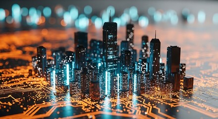 Futuristic digital city skyline glowing with blue and orange light on a circuit board surface representing technology and data flow