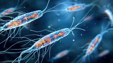 Microscopic view of a group of bacteria in a blue and black environment.