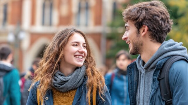 A young couple standing in front of a university building, smiling and talking.