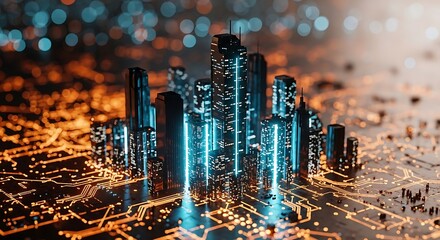 Futuristic glowing cityscape emerging from a complex digital circuit board with vibrant blue and orange light trails representing technology and data flow