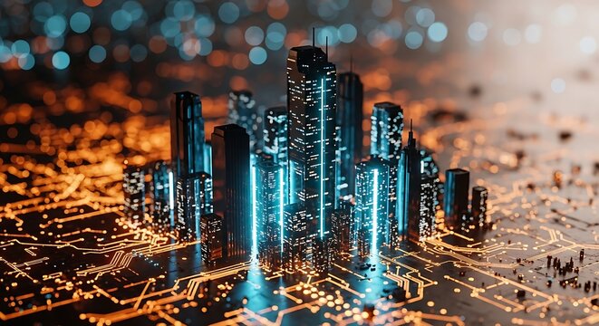 Futuristic glowing cityscape emerging from a complex digital circuit board with vibrant blue and orange light trails representing technology and data flow