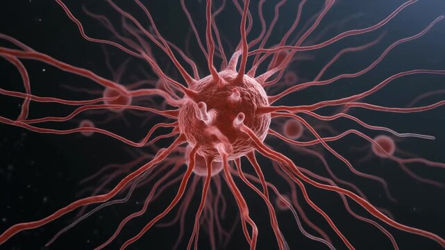 Microscopic view of an abnormal cell with long tendrils