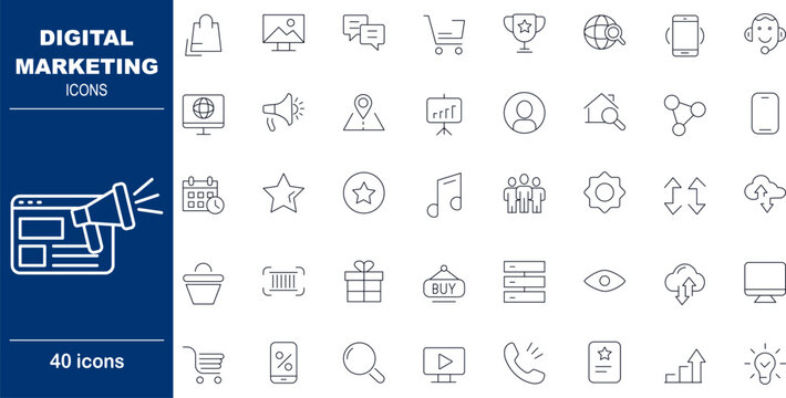 Digital Marketing and Online Promotion Vector Icons. Set of 40 symbols for advertising, analytics, and social media. Includes megaphone, charts, and campaign tools