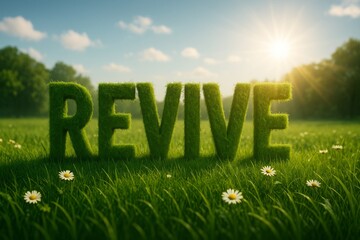 Revive &mdash; New Life Rising in Light.
The 3D word &ldquo;REVIVE&rdquo; stands on sunlit green grass, symbolizing renewal, fresh spiritual life, awakening, and hope.
