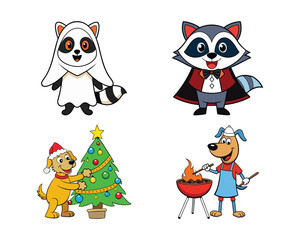 cute raccoon dressed ghost halloween, raccoon vampire halloween, happy dog decorating christmas tree, dog grilling barbecue colorful cartoon vector illustration design Set Collection