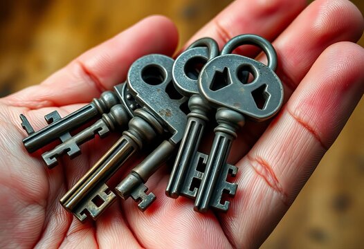 Close-up of old skeleton keys in a weathered hand, wood, mystery
