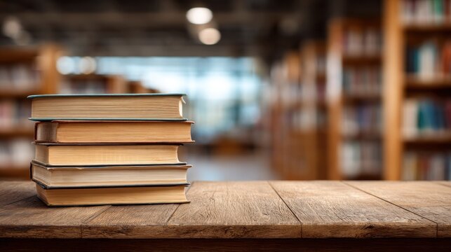 Stack of books on a wooden table in a library. - Powered by Adobe