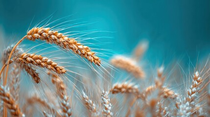 A close-up of a wheat field with golden ears of wheat against a blue sky.
