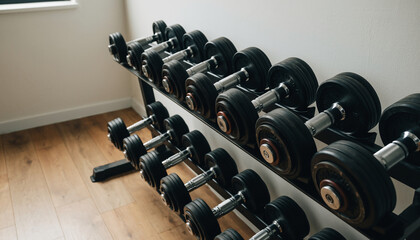 A neat rack of various black rubber dumbbells organized on a wooden floor in a modern gym, ready for a strength training and bodybuilding workout