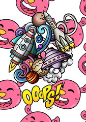 Whimsical doodle of space exploration with planets, rockets, and a UFO, set against a pink cartoon character background