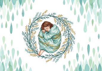 Watercolor illustration of a sad, lonely person curled up in a blanket inside a green and gold wreath on a light background
