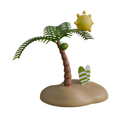 A bright 3D illustration of a small tropical island featuring a tall coconut