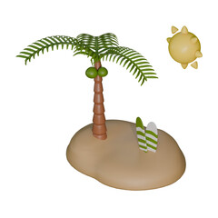 A bright 3D illustration of a small tropical island featuring a tall coconut