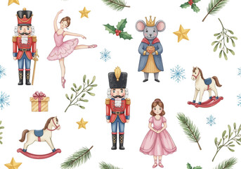 Fototapeta premium Watercolor seamless pattern with nutcracker soldier, ballerina, mouse king, girl, and rocking horse for christmas