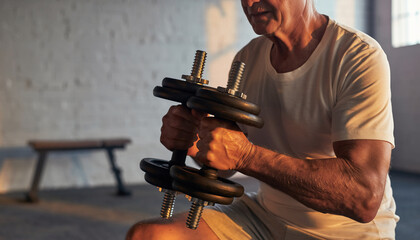 Focused senior man engaged in a strength training exercise with a dumbbell, demonstrating resilience and commitment to a healthy, active lifestyle in his later years