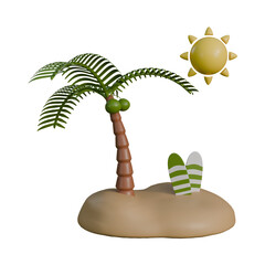 A bright 3D illustration of a small tropical island featuring a tall coconut