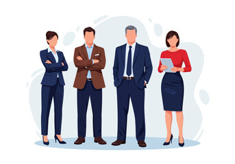 Group of four diverse business people standing together in professional attire