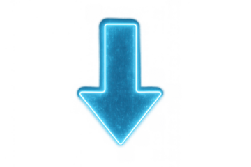 Blue neon down arrow sign pointer glowing indicating direction download communication on transparent background