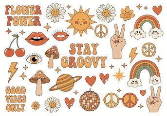 Set of 70s retro groovy hippie elements like flower power, rainbow, mushroom, sun, and peace sign