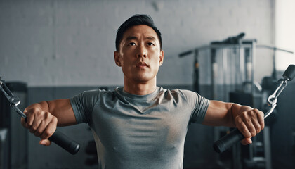 Portrait of a determined Asian man with intense focus during a powerful chest workout on the cable crossover machine at the gym