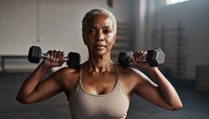 Determined senior African American woman with grey hair lifting dumbbells in a gym, focusing on strength training for a healthy and active lifestyle