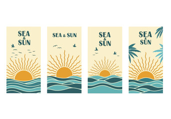 Set of four vertical banners featuring a stylized sunrise or sunset over the sea with sea sun text, perfect for summer promotion