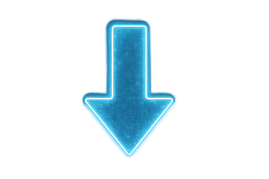 Blue neon down arrow sign pointer glowing indicating direction download communication on transparent background