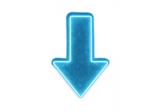 Blue neon down arrow sign pointer glowing indicating direction download communication on transparent background